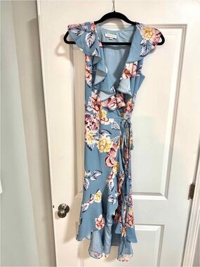Yumi Kim Blue Floral Ruffle Wrap Midi Dress